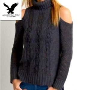 American Eagle Grey Cold Shoulder Tneck Sweater